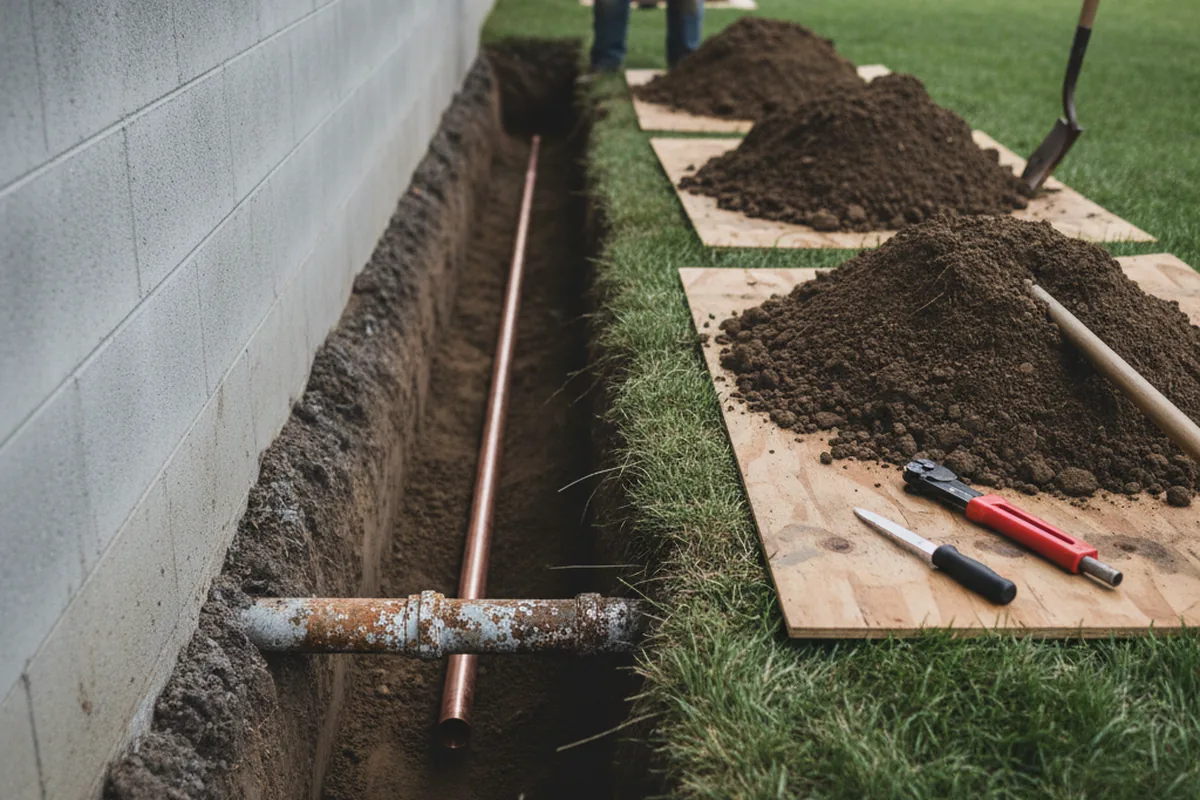 Excavated water line trench during Water Softener Installation in Bozman